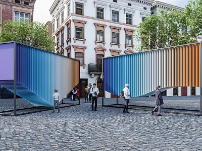 Outdoor Sculpture With Colorful Corrugated Panels In Urban Square With Pedestrians And Historic Buildings 3d model