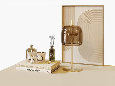 Modern Decorative Ornament Set With Glass Candle Lamp Fragrance Diffuser Books And Geometric Frame 3d model