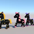 Three Black Toy Ponies with Various Decorations Purple Pink Yellow Manes and Colorful Patterns
