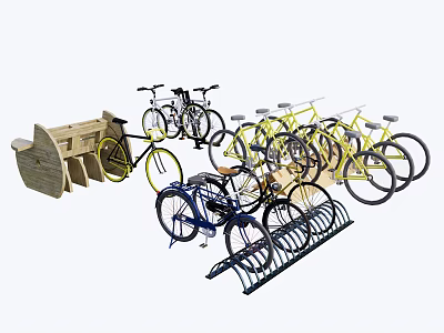 Various Colored Bicycles With Bike Rack And Wooden Storage Cabinet 3d model