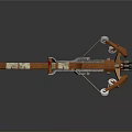 Mechanical Crossbow With Orange And White Wooden And Metal Parts And Red Decorative Flag