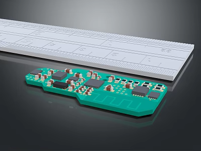 Green Circuit Board With Electronic Components Next To Precision Ruler On Black Surface 3d model