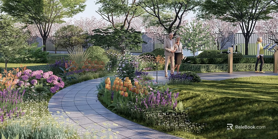 Park Landscape With Stone Path Colorful Flowers Green Lawn And Cherry Blossom Trees 3d model 