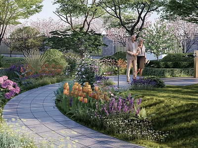 Park Landscape With Stone Path Colorful Flowers Green Lawn And Cherry Blossom Trees 3d model