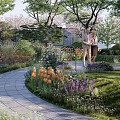 Park Landscape With Stone Path Colorful Flowers Green Lawn And Cherry Blossom Trees