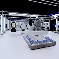Modern Clothing Store Exhibition Booth With White Metal Frame Mannequins Blue Accents And Reflective Floor