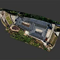 Ancient Architecture Medieval Castle Model with Spires Gray Roof and Green Vegetation on Rock Base