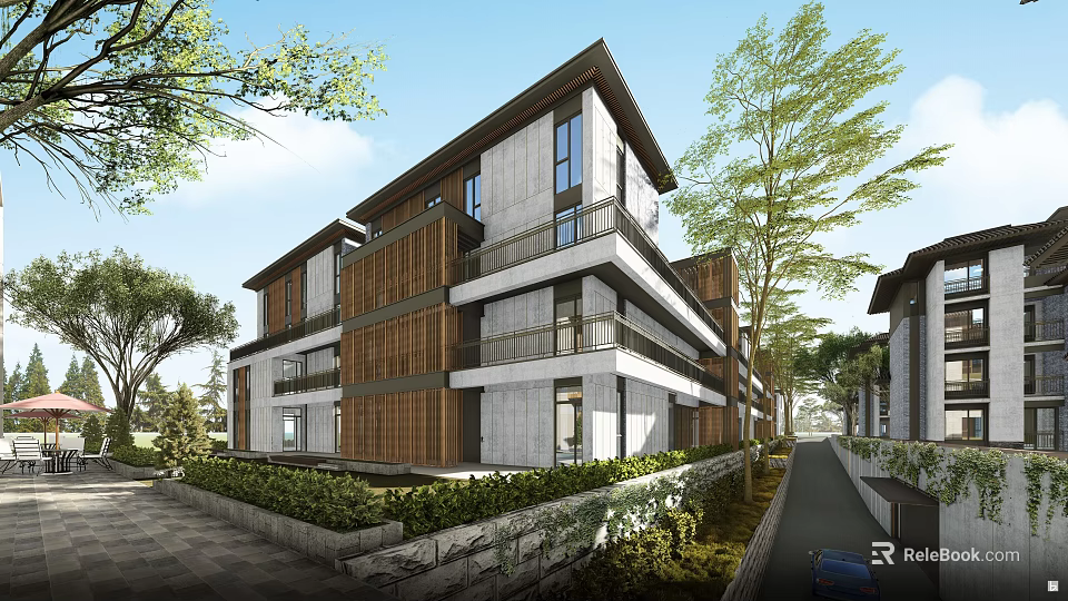 Modern Multi storey Townhouse With Wood And Stone Facade Greenery And Pathway 3d model 