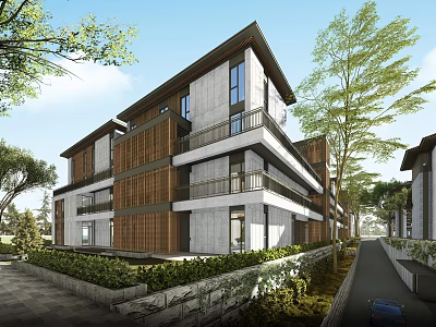 Modern Multi storey Townhouse With Wood And Stone Facade Greenery And Pathway 3d model