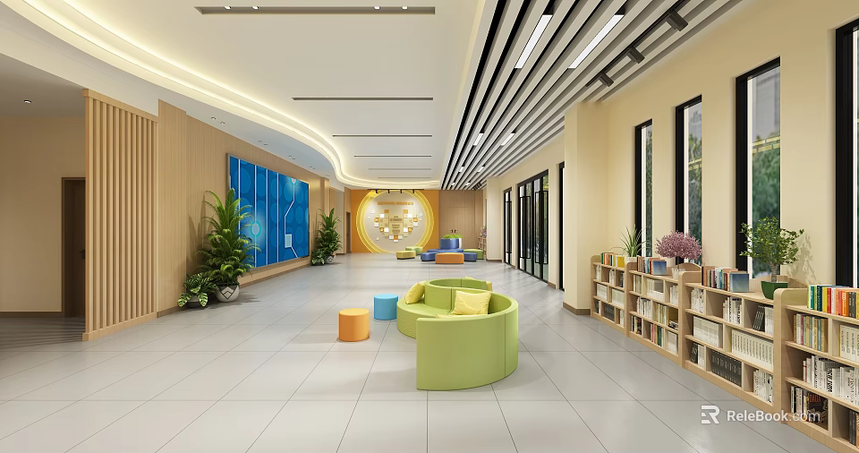 Modern School Lobby Interior With Colorful Round Sofas Green Plants And Bookshelves 3d model 