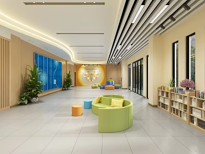 Modern School Lobby Interior With Colorful Round Sofas Green Plants And Bookshelves 3d model