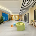 Modern School Lobby Interior With Colorful Round Sofas Green Plants And Bookshelves
