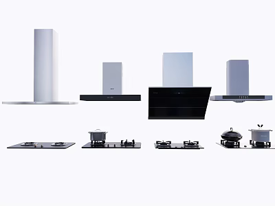 Modern Kitchen Appliances Featuring Various Range Hoods and Cooktops 3d model