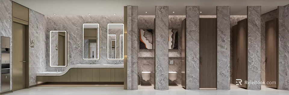 Modern Elegant Public Restroom With Marble Decor Double Mirrors Washbasins And Private Cubicles 3d model 