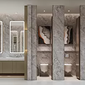 Modern Elegant Public Restroom With Marble Decor Double Mirrors Washbasins And Private Cubicles
