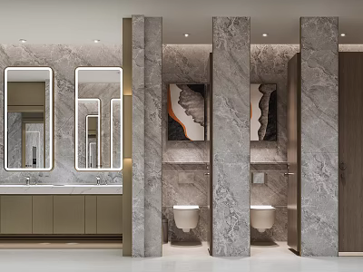 Modern Elegant Public Restroom With Marble Decor Double Mirrors Washbasins And Private Cubicles 3d model