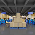 Industrial Factory Interior Featuring Workers Operating Blue Machinery And Stacked Cardboard Boxes