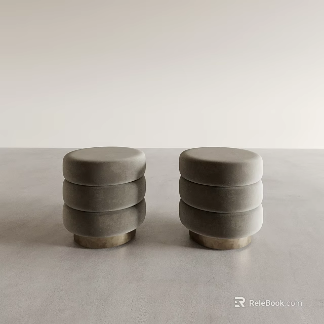 Modern Gray Round Sofa Stools With Stacked Layers And Wooden Base Design 3d model