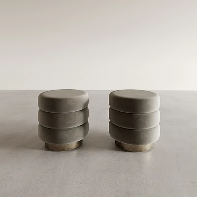 Modern Gray Round Sofa Stools With Stacked Layers And Wooden Base Design 3d model