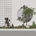 Garden Ornament Design Featuring Lattice Window Moon Backdrop Small Tree Rockery And Sculpture