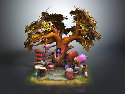 Cartoon Scene With Big Tree Inside Trunk Colorful Mushrooms Wooden Barrels Small Table And Green Grass 3d model