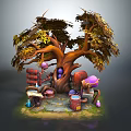 Cartoon Scene With Big Tree Inside Trunk Colorful Mushrooms Wooden Barrels Small Table And Green Grass 3d model