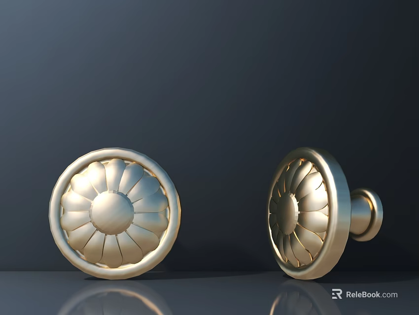 Golden Round Metal Handles With Intricate Floral Pattern And Shiny Surface 3d model 