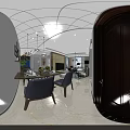 Modern Living Dining Room Interior With Dining Table Chairs Sofa TV Pendant Lights And Plants
