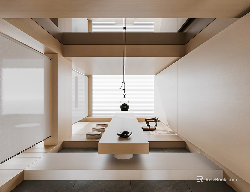 Minimalist Japanese Tea Room Interior Design With Low Table Cushions And Natural Light 3d model 