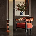 Traditional Accent Chair With Red Upholstered Seat And Wooden Side Table Blue And White Vase With Flowers Dark Wood Panel Background