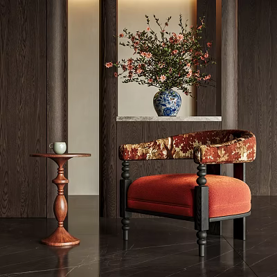 Traditional Accent Chair With Red Upholstered Seat And Wooden Side Table Blue And White Vase With Flowers Dark Wood Panel Background 3d model