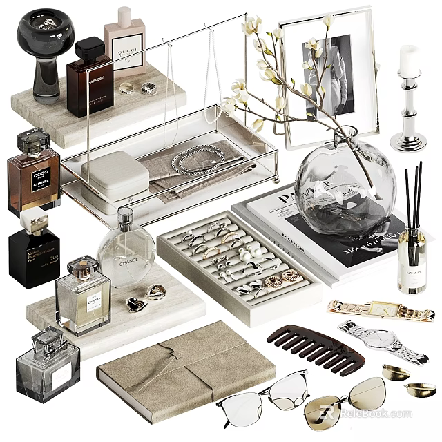 Elegant Luxury Decorative Ornament Set with Perfume Bottles Trays Combs Watches and Glass Vase 3d model 