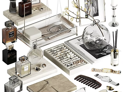 Elegant Luxury Decorative Ornament Set with Perfume Bottles Trays Combs Watches and Glass Vase 3d model