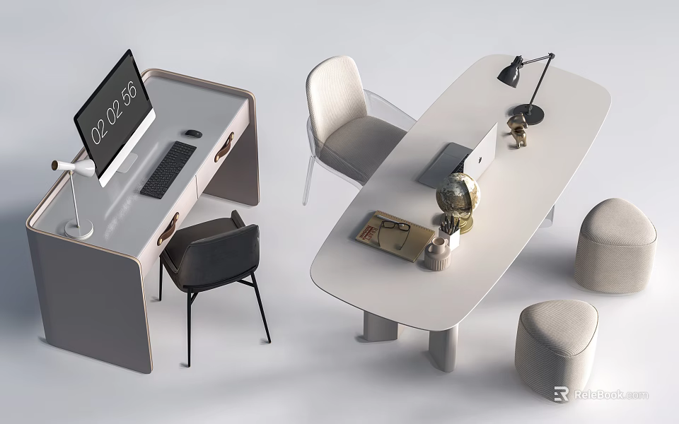 Modern Home Office Desk and Chair Set with Computer Lamp Notebook Globe and Stools 3d model 