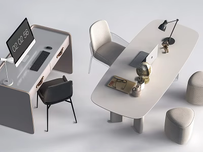 Modern Home Office Desk and Chair Set with Computer Lamp Notebook Globe and Stools 3d model