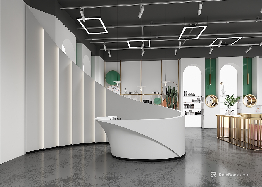 Modern Luxury Shop Front Desk With Curved White Design And Green Decor Elements 3d model 