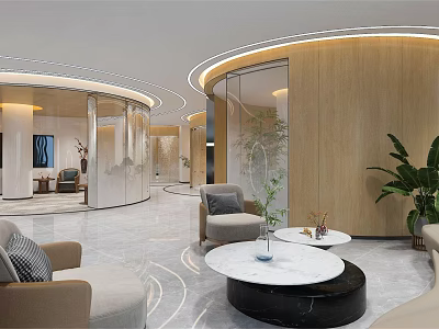 Modern Leisure Area Interior With Comfortable Sofas Round Coffee Tables And Green Plants 3d model