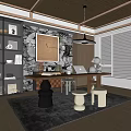 Modern Study Desk Carpet Bookcase Chandelier 3d model