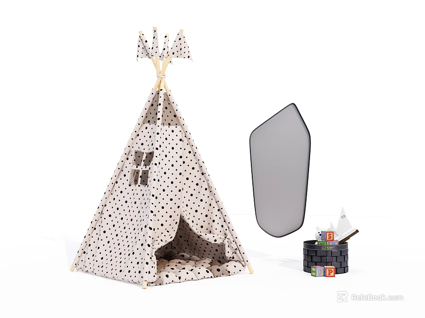 Cute Kids Teepee Tent with Polka Dot Design Mirror Building Blocks and Book 3d model 