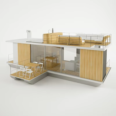 Modern Wooden House With Glass Walls Open Balcony Terrace And Outdoor Furniture 3d model
