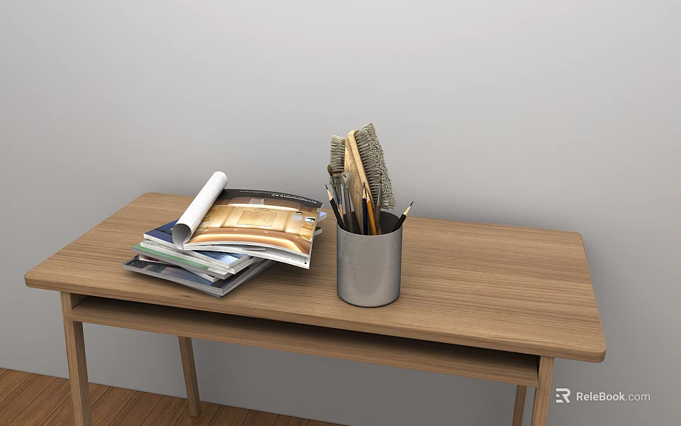 Wooden Desk with Stacked Books Magazines and Metal Pen Holder with Pens Brushes 3d model 