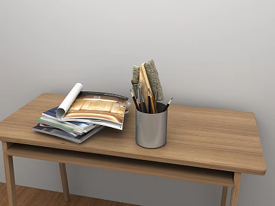 Wooden Desk with Stacked Books Magazines and Metal Pen Holder with Pens Brushes 3d model
