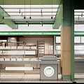 Bright Modern Dessert Shop Interior With Green Glass Ceiling Open Layout And Wooden Counters