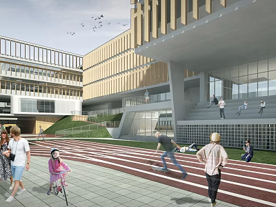 Modern School Building with Large Glass Windows Open Lawn and Student Activities 3d model