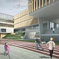 Modern School Building with Large Glass Windows Open Lawn and Student Activities