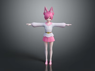 Game And Movie Character With Pink Cat Ears Pink Hair White Top And Pink Skirt 3d model