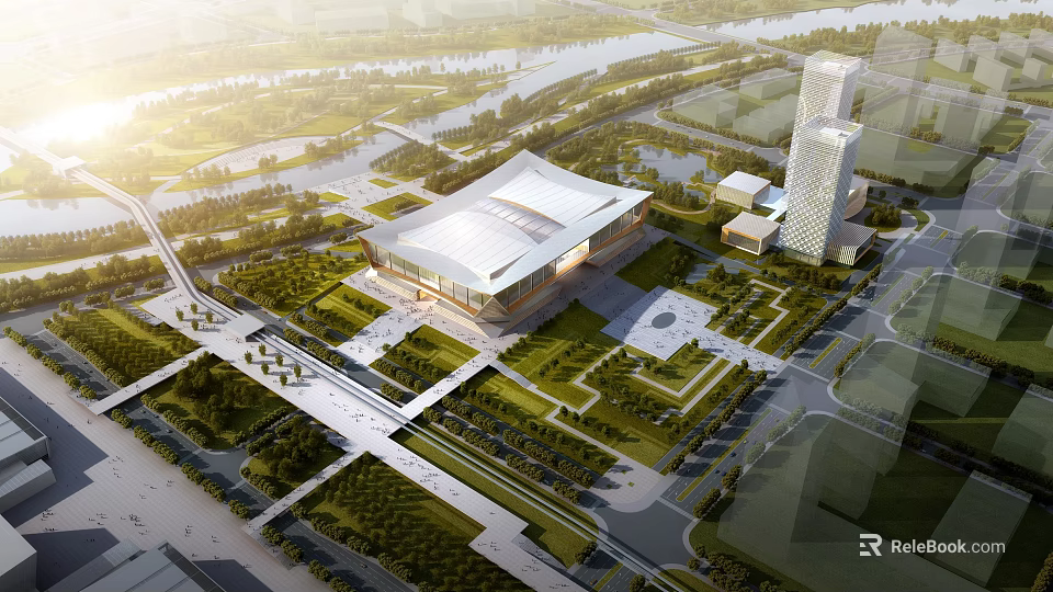 Modern Large Venue Complex With Skyscraper Green Landscapes Water And Plaza Area 3d model 