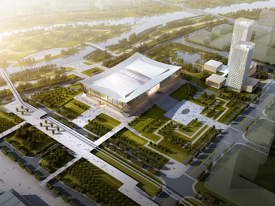 Modern Large Venue Complex With Skyscraper Green Landscapes Water And Plaza Area 3d model