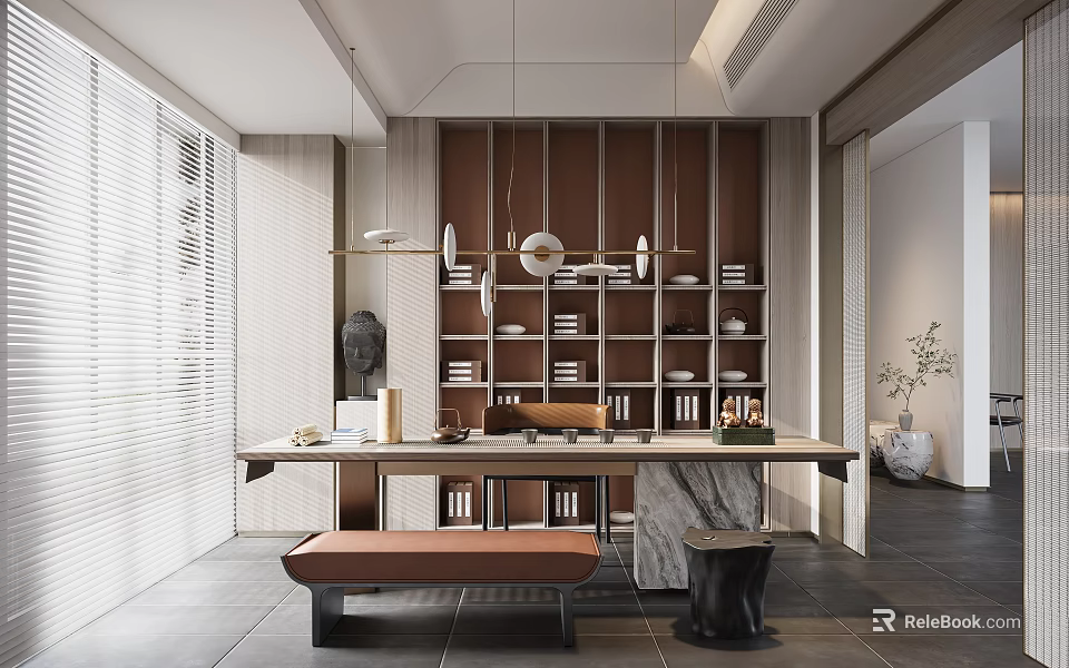 Traditional Tea Room Interior With Wooden Bookshelves Long Table Pendant Lights And Tea Sets 3d model 