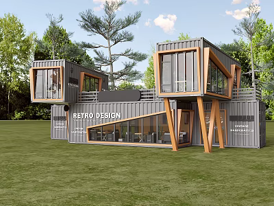Modern Retro Design Container Architecture with Stacked Structure Large Windows and Green Lawn 3d model